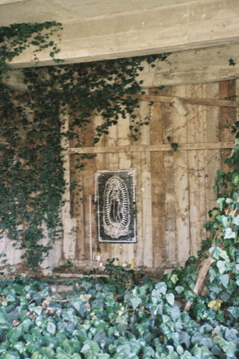 The Mother Mary mural set into an ivy-covered wall