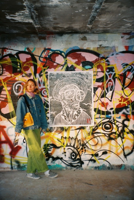 Standing beside the This Is Bat Country lino print portrait of Hunter S. Thompson